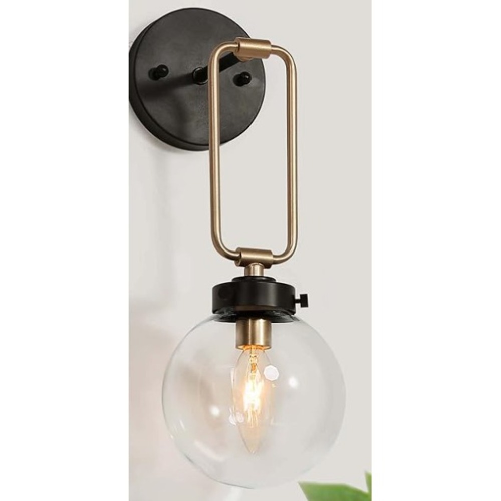 2 lot LNC Modern Wall Sconce Lighting Black Gold Clear Glass Globe Shade - NEW